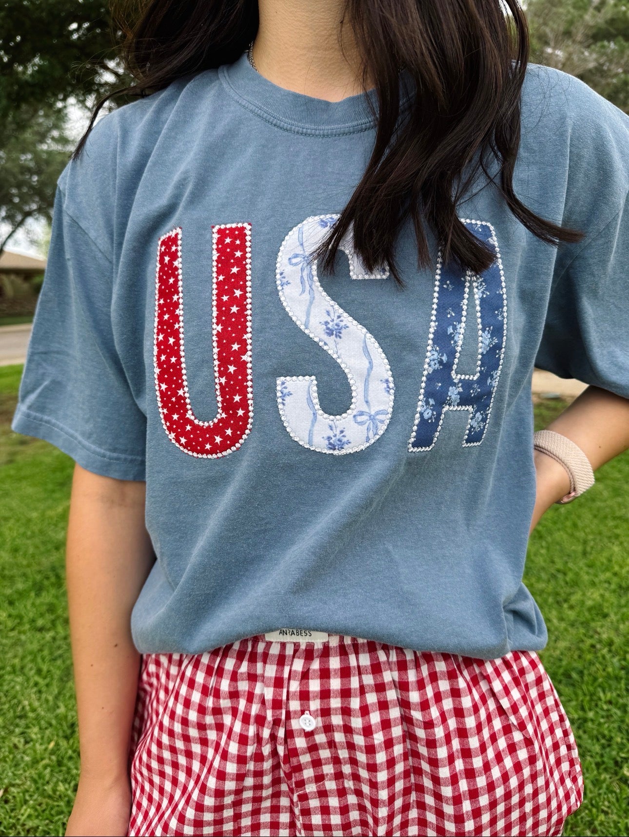 USA patchwork tee - blue